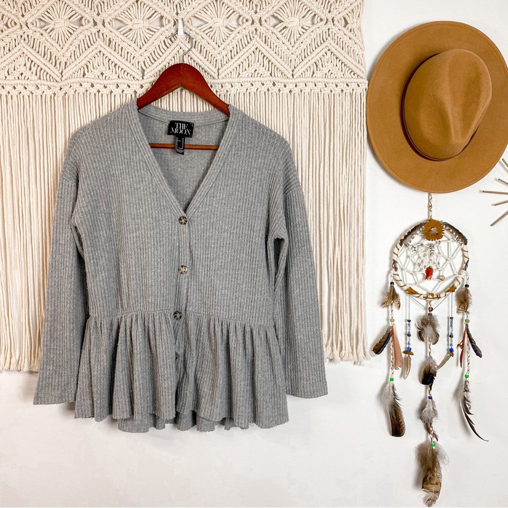 The Moon Peplum Waffle Knit Button Front Grey Long Sleeve Top Size Medium